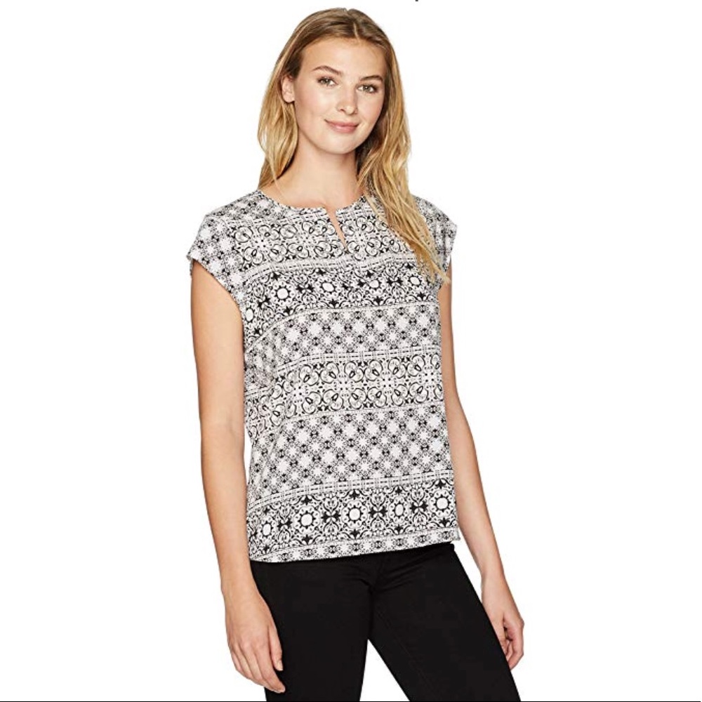 IVANKA TRUMP Woven Slit Neck Shirt Cap Sleeve